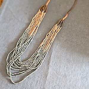 LOFT long necklace multi strand silver peach copper w leather boho